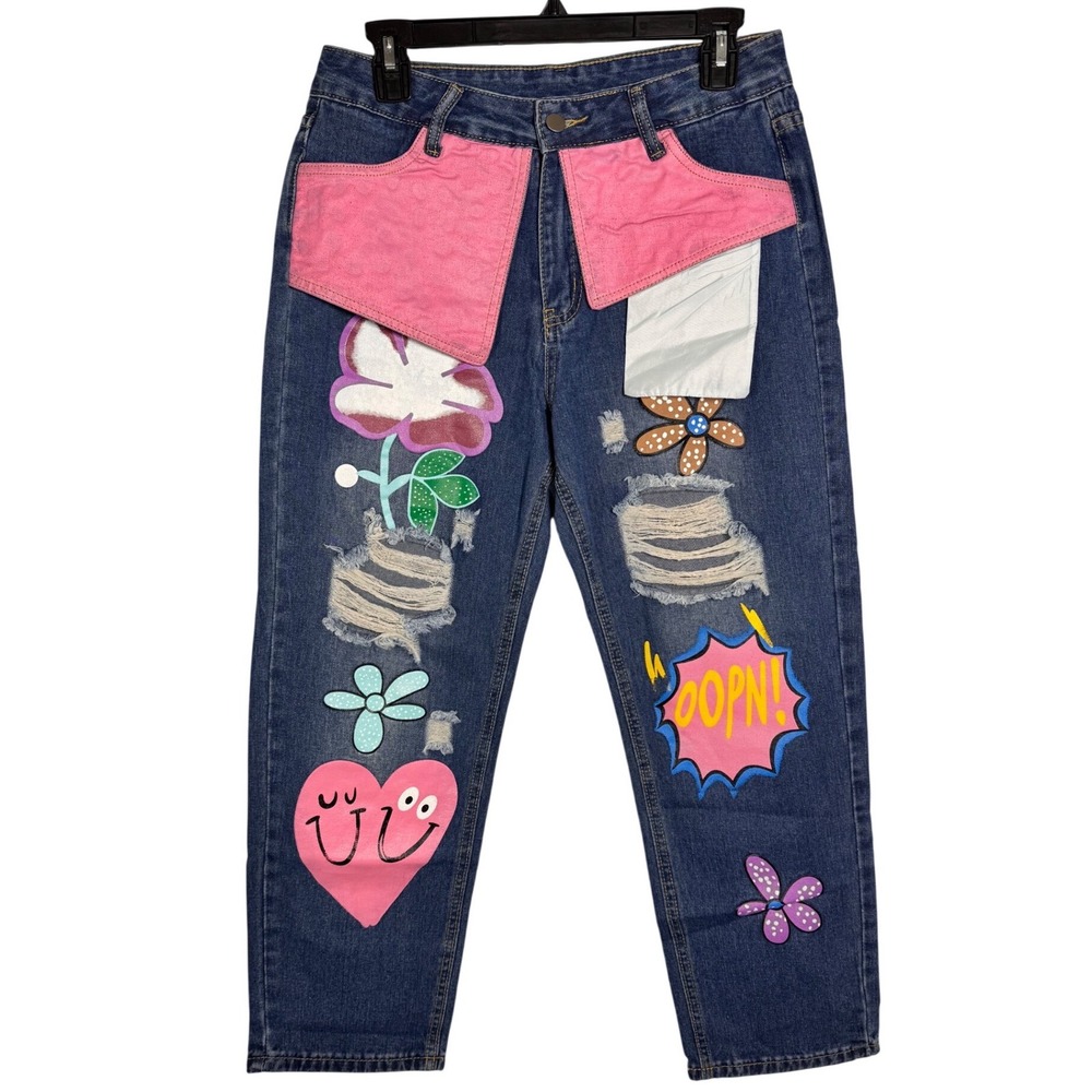 Distressed Painted Graphic Jeans Womens Large Blue Pink Y2K Streetwear